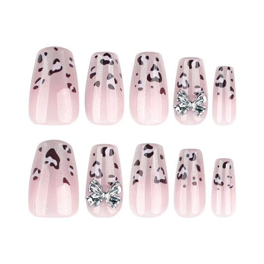 Glamorous Safari Inspired Medium Coffin Pink Nails with Leopard Print and Charming Bow Accents