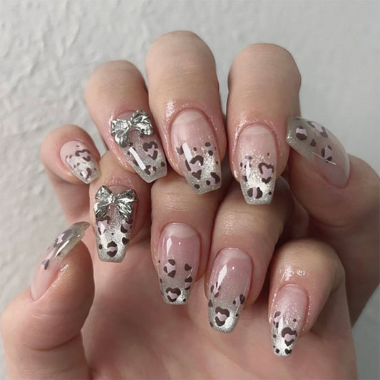 Chic Romance Medium Coffin Blush with Glittery Heart Patterns and Elegant Bows Press On Nail Set