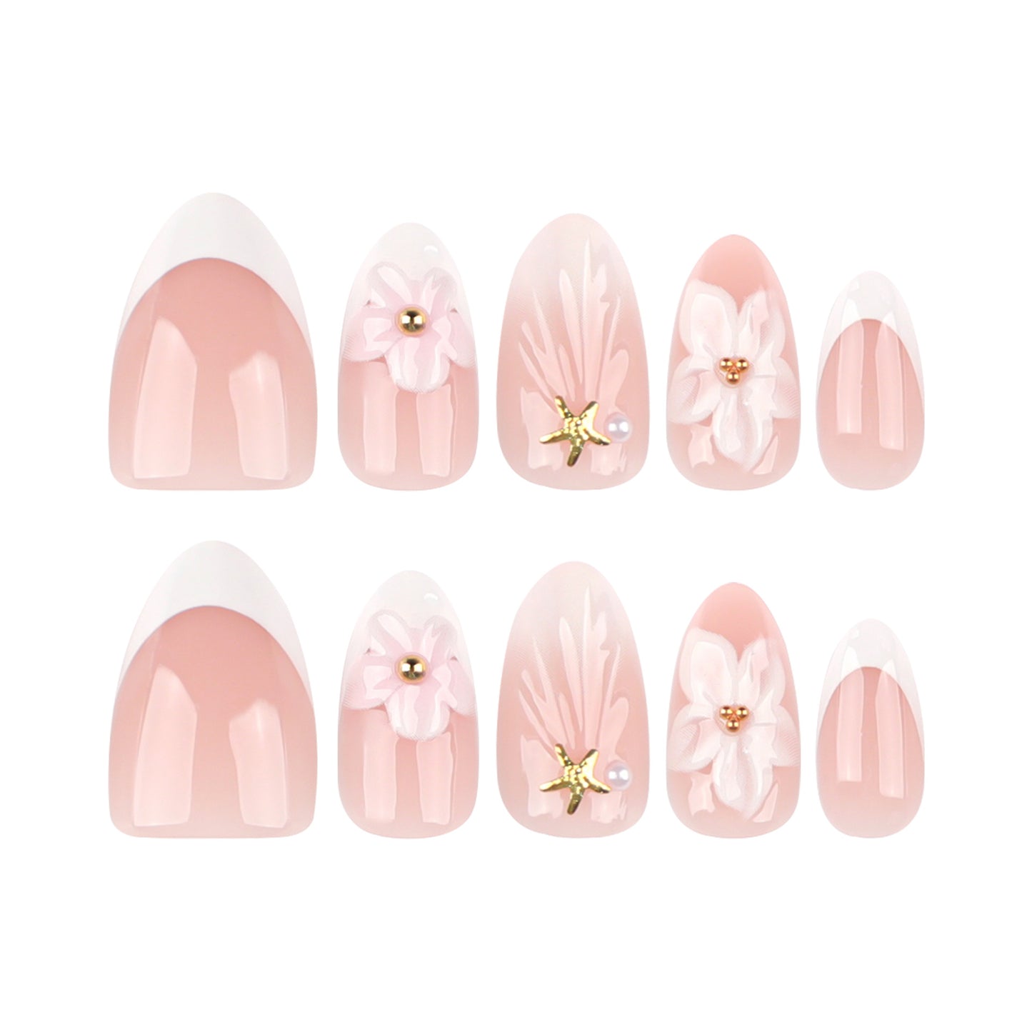Blossoming Elegance Medium Almond Pink Ombre Nail Set with Floral Embellishments