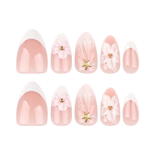 Blossoming Elegance Medium Almond Pink Ombre Nail Set with Floral Embellishments