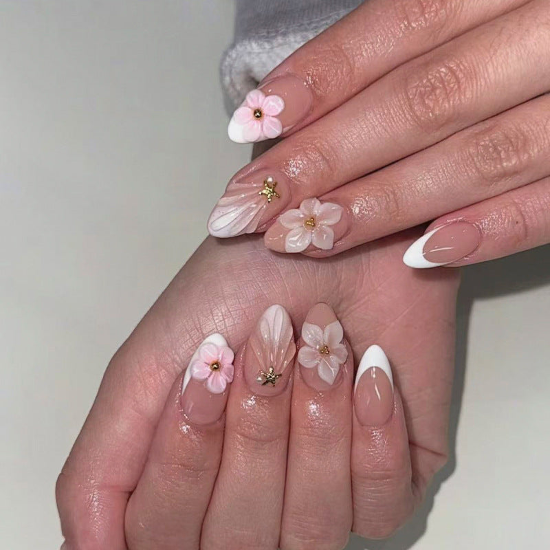 Blossom Dream Elegant Medium Almond Press On Nail Set in Soft Pink and White with Charming Floral Accents