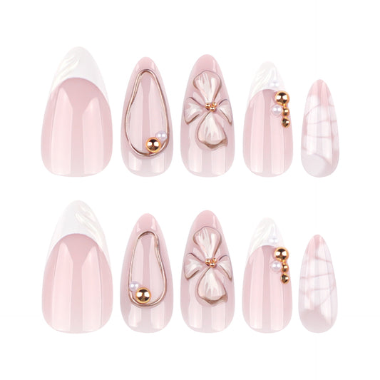 Blush Blossom Enchantment Medium Almond Pink Press On Nail Set with Elegant Floral and Jewel Accents