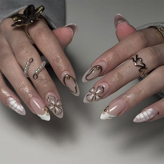 Elegant Floral Dream Long Almond Shaped Neutral with Intricate Gold Accents Press-On Nail Set