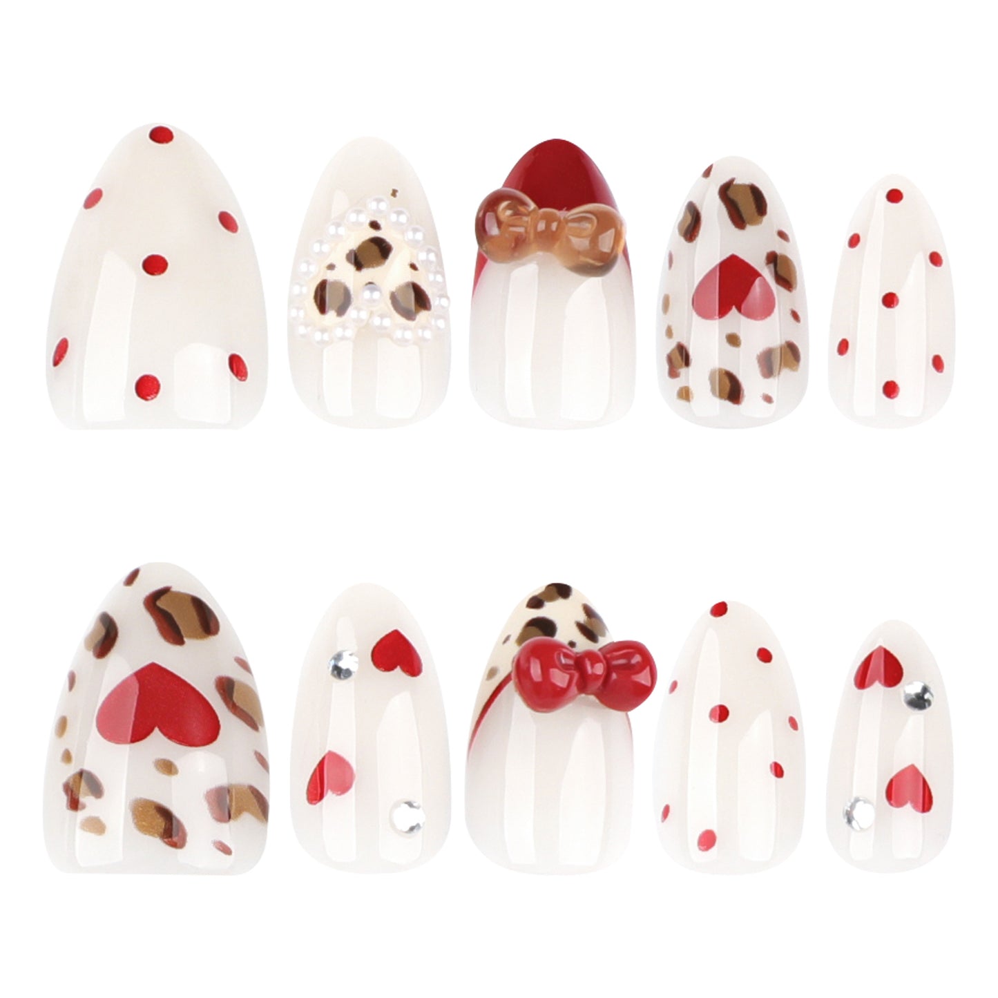 Romantic Safari Medium Almond Shape White and Red Elegant Bow and Heart Design Press-On Nail Set