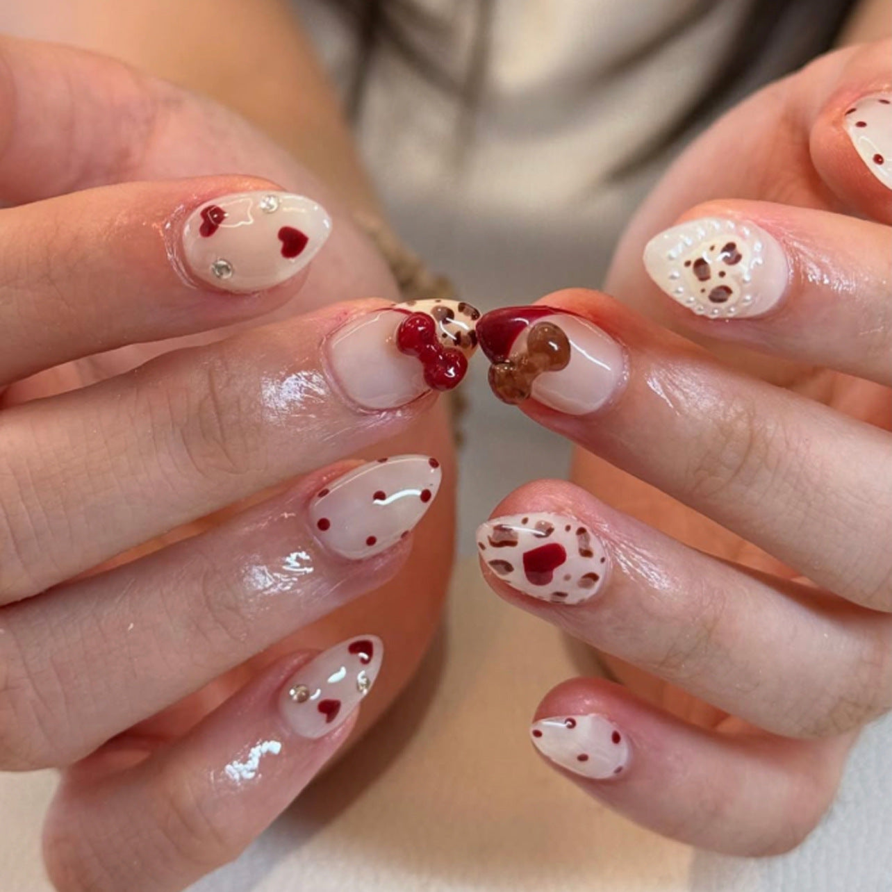 Sweet Romance Heart Medium Almond Pink and Red Press on Nail Set with Charming Character Accents