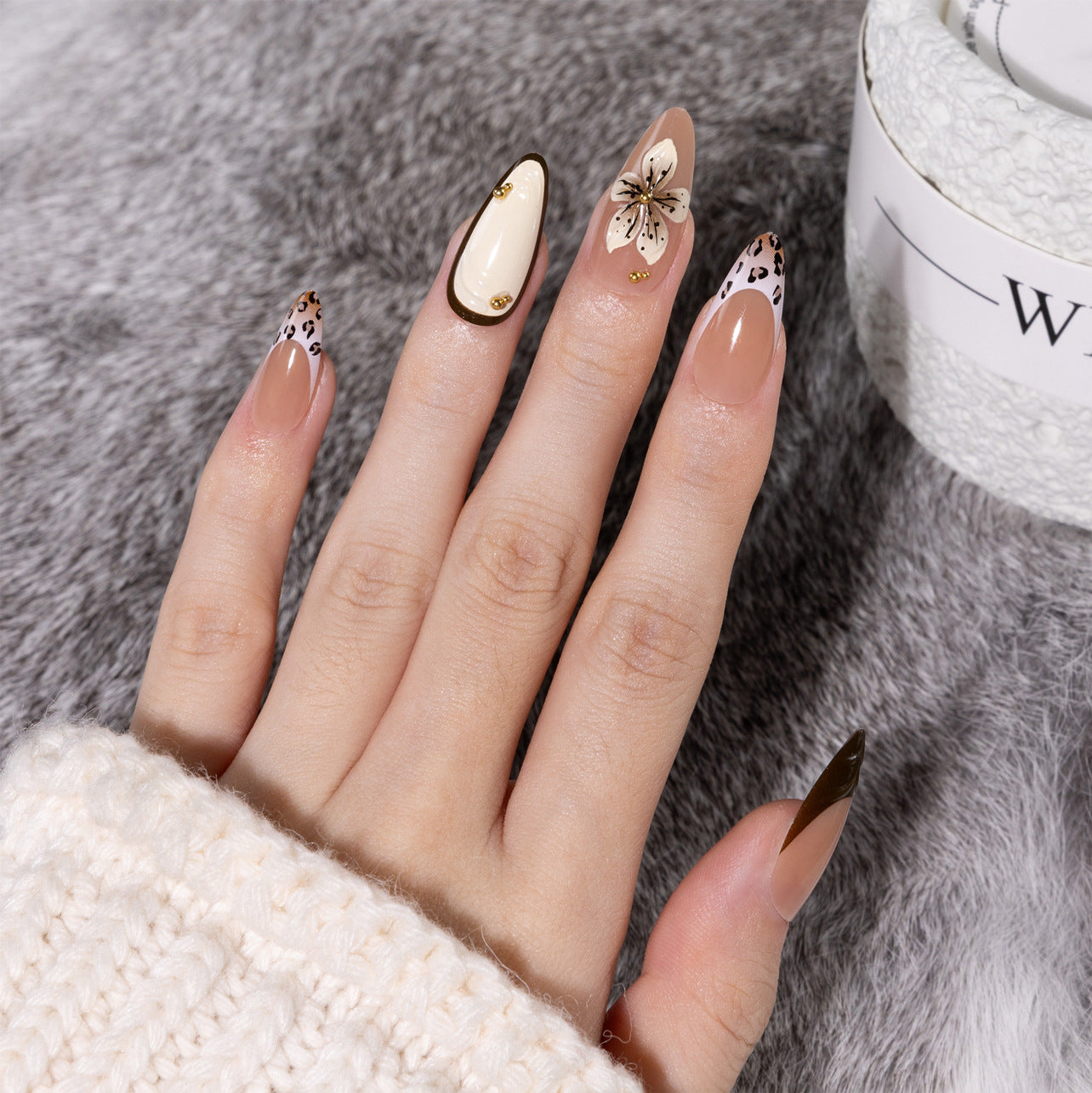Whimsical Elegance Medium Almond Beige and Brown Press on Nail Set with Chic Floral Accent
