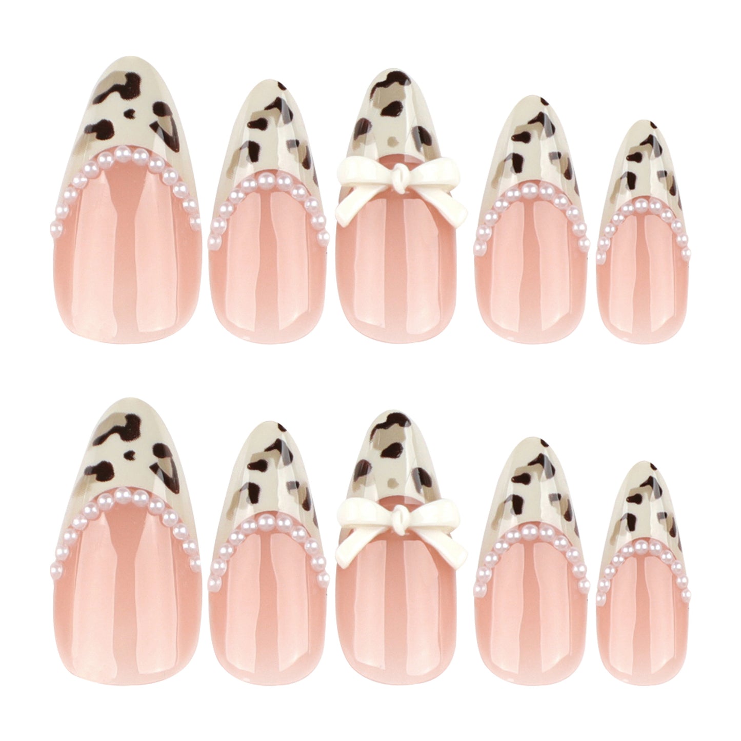 Wild Safari Chic Long Almond Leopard Print Press-On Nail Set with Pearl Accents and Bow Detail