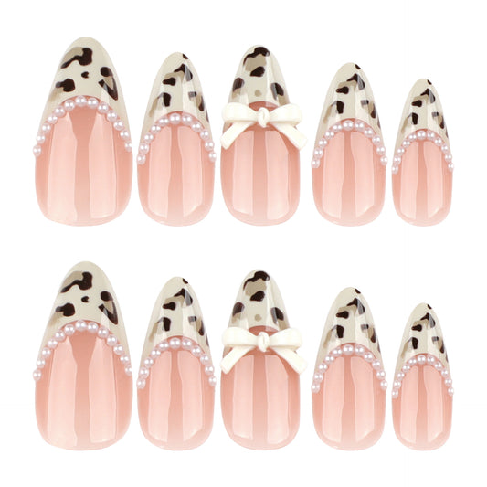 Wild Safari Chic Long Almond Leopard Print Press-On Nail Set with Pearl Accents and Bow Detail
