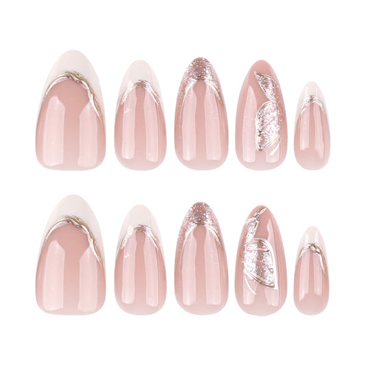 Whimsical Blossom Long Almond Pink Press On Nail Set with Elegant Metallic Accents