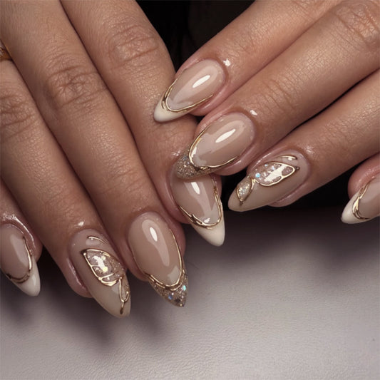 Elegant Serenity Long Almond Length Beige and White Tips with Gold Accents and Sparkling Embellishments Press On Nail Set
