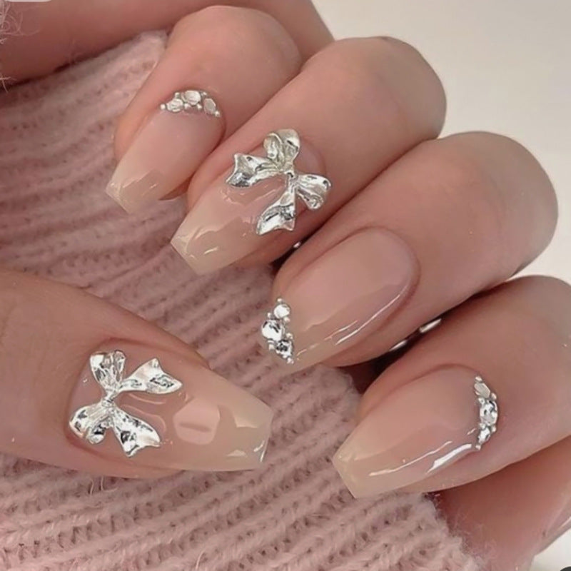 Enchanted Blossom Medium Coffin Beige with Silver Floral Accents Press On Nail Set