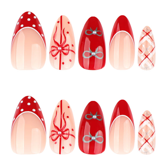 Festive Charm Medium Almond Red Press on Nail Set with Dazzling Bows and Polka Dots
