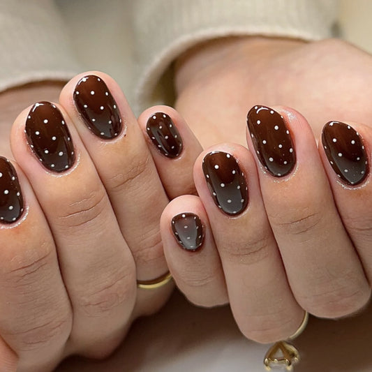 Choco Delight Short Oval Brown Set with Charming White Dots