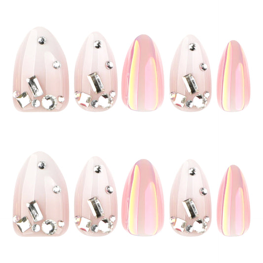 Glamorous Pink Short Almond Shaped Press On Nail Set with Iridescent Shine and Sparkling Jewels