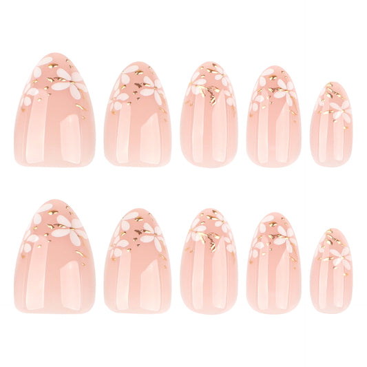 Blossom Dreams Press On Nail Set Medium Almond Pink Floral Design with Golden Accents