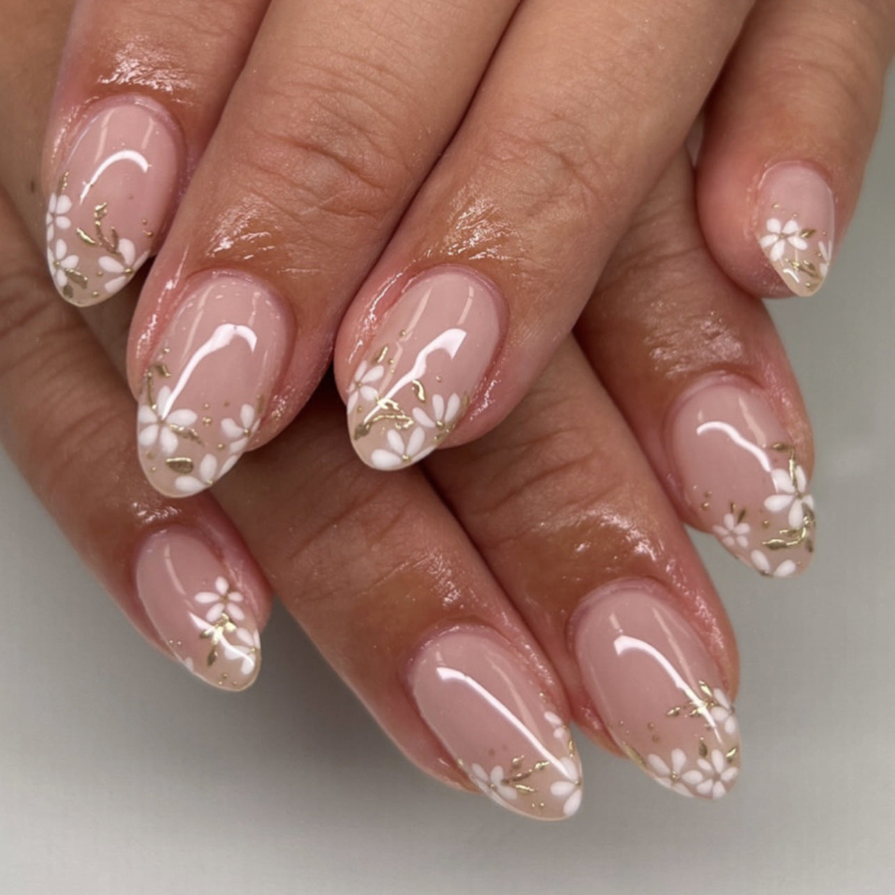 Blossom Dreams Elegant Medium Almond Shaped Light Pink Press On Nails with Delicate Floral Design