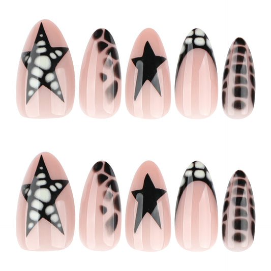 Celestial Dream Press On Nail Set in Medium-Length Almond Shape with Blush Pink and Bold Black Star Patterns for a Unique Galactic Look