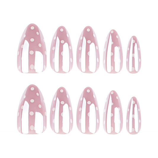 Whimsical Pastel Medium Almond Pink Press On Nail Set with Charming Polka Dots