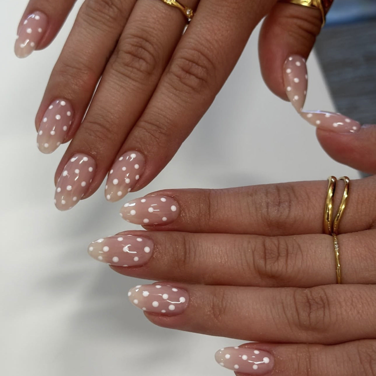 Chic Elegance Medium Almond Blush Pink Gradient with Whimsical White Dots Press On Nail Set