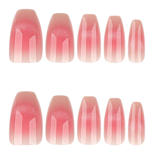 Elegant Rose Quartz Medium Coffin Gradient Gel Press-On Nail Set with Glitter Finish