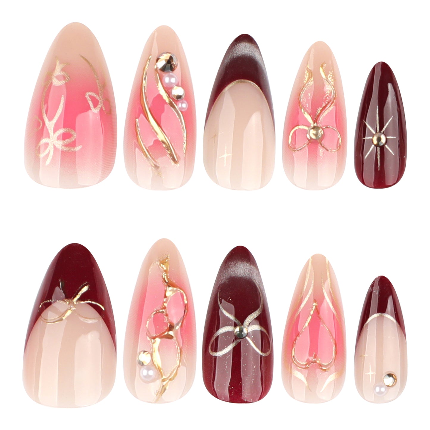 Elegant Blossom Themed Press-On Nail Set Medium Almond Shape Gradient Pink and Burgundy with Gold Accents and Jewel Details