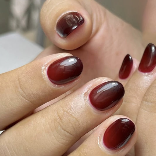 Enchanting Elegance Glossy Short Oval Deep Burgundy Ombre Press On Nail Set