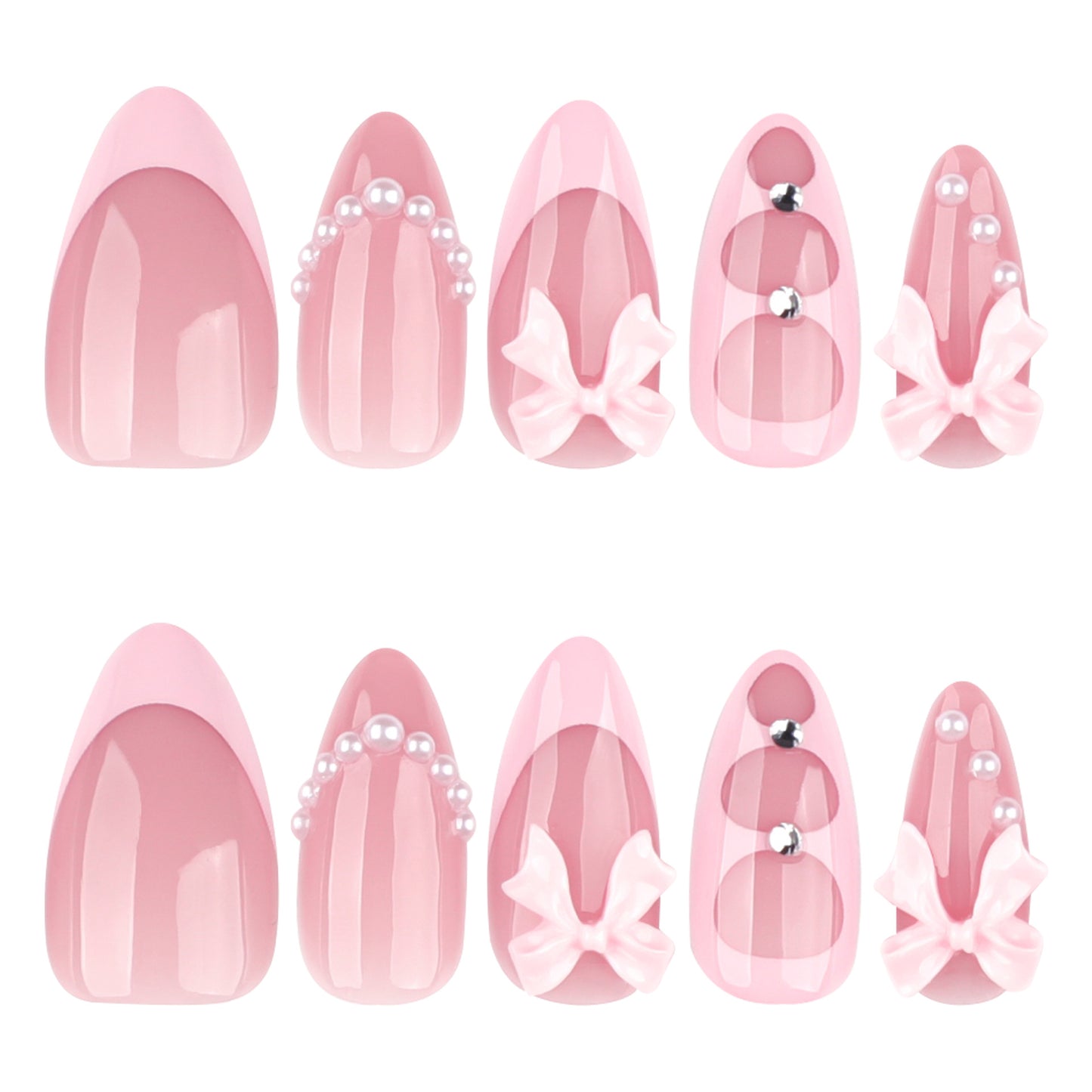 Charming Sweetheart Medium Almond Shaped Blush Pink Press On Nail Set with Decorative Bows and Pearls