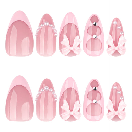 Charming Sweetheart Medium Almond Shaped Blush Pink Press On Nail Set with Decorative Bows and Pearls