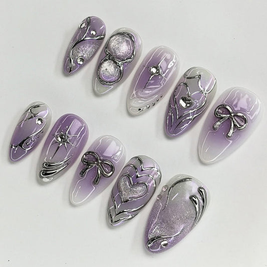 Charming Lavender Medium Almond Press On Nail Set with Metallic Accents and Abstract Designs