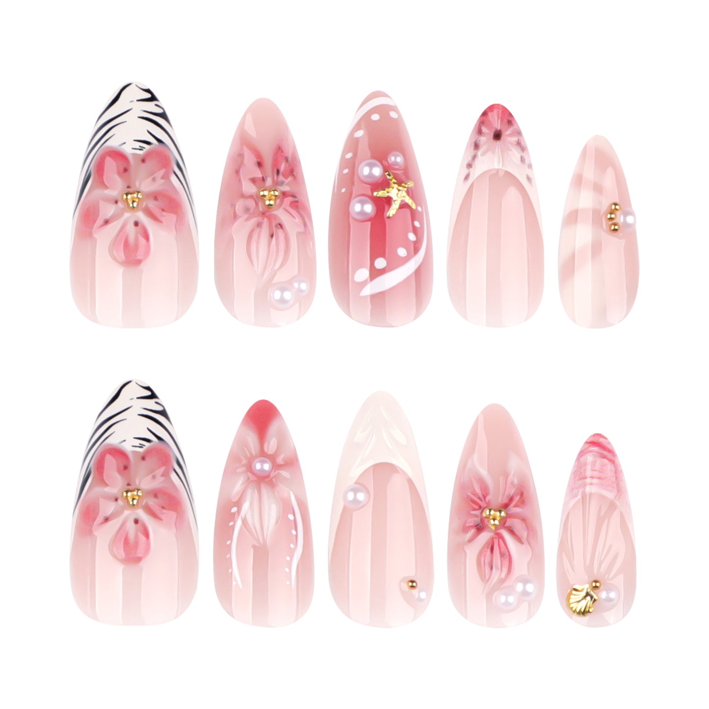 Blossom Dreaming Elegant Long Almond Pink Press On Nail Set with Floral Accents and Pearl Details