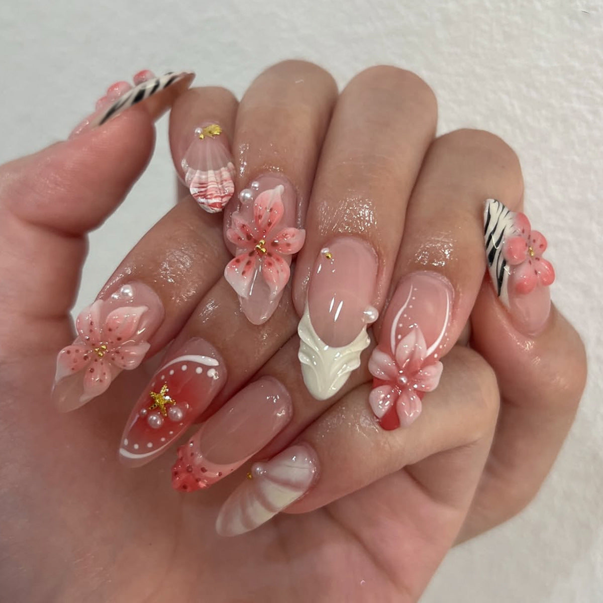 Floral Fantasy Long Almond Pink with Charming Flower Accents Press on Nail Set