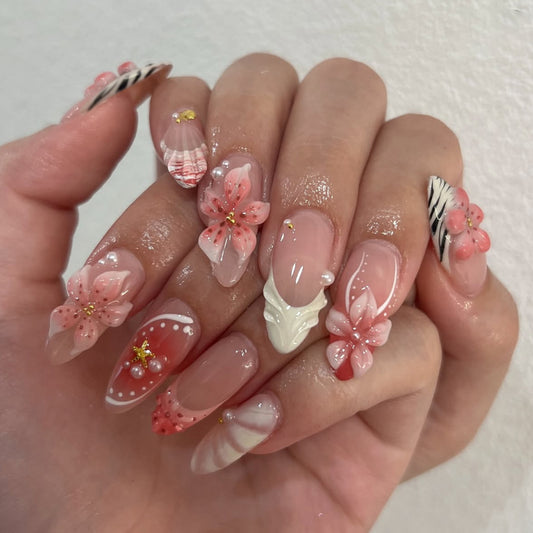 Floral Fantasy Long Almond Pink with Charming Flower Accents Press on Nail Set