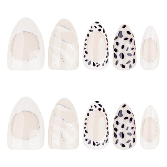 Chic Safari Inspired Press On Nail Set Medium Almond Shape Sheer White with Black Dot Accents and Glitter Detail