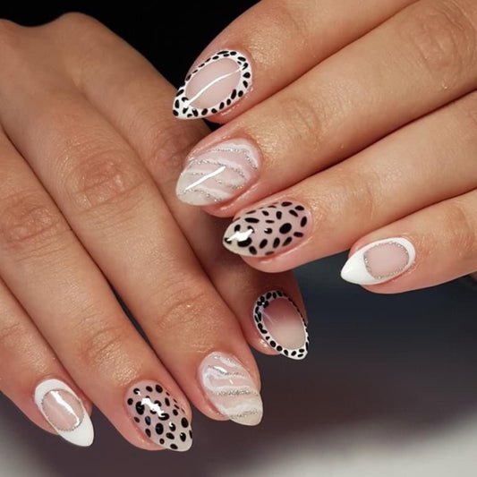 Glamorous Safari Medium Almond White and Black Stylish Patterns Press On Nail Set