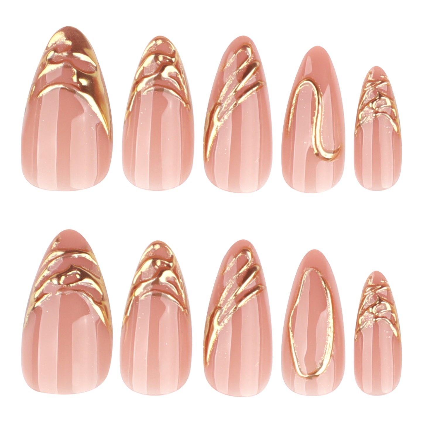 Elegant Blossom Medium Almond Pink Press On Nail Set with Intricate Gold Design