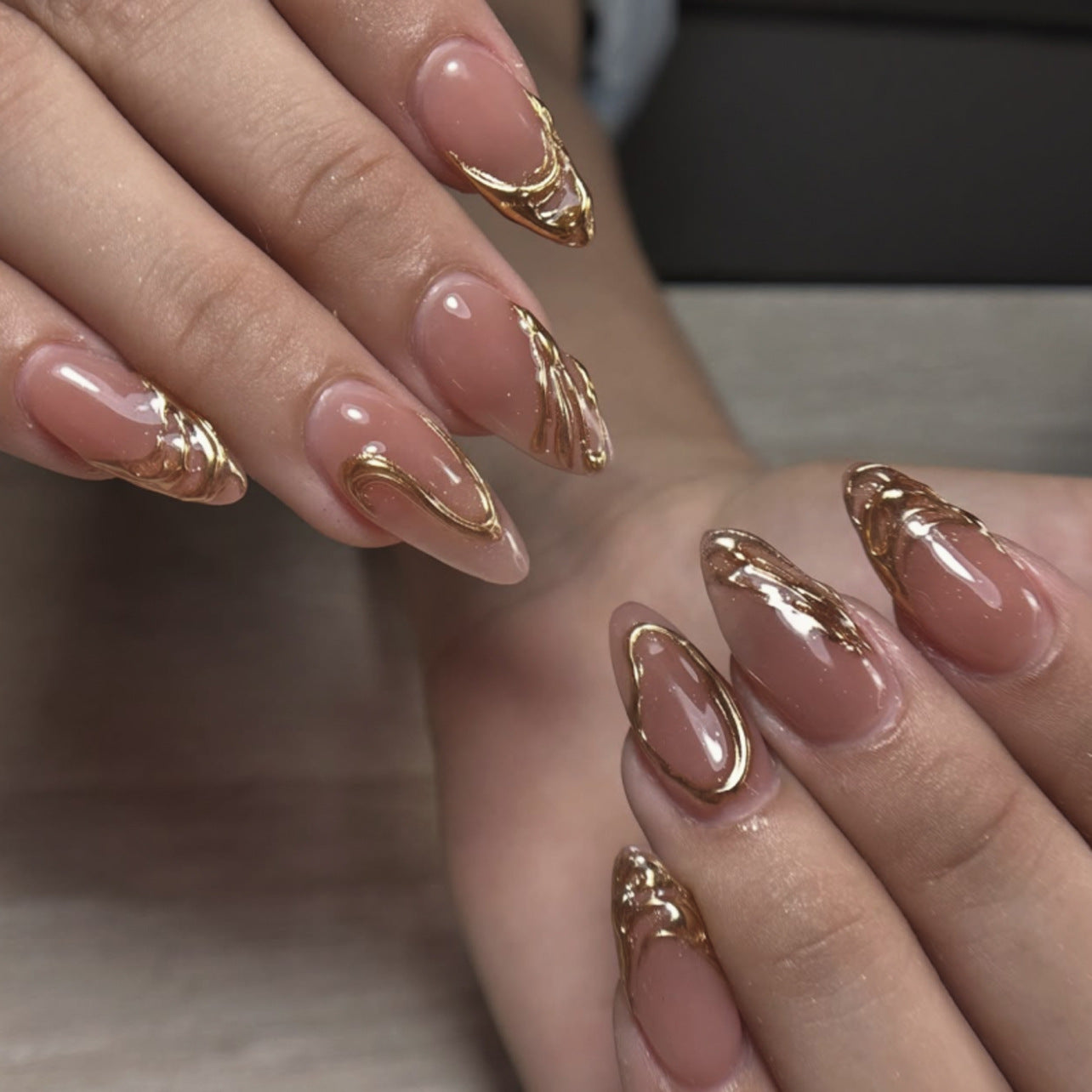 Glamorous Golden Swirl Medium Almond Pink Press On Nail Set with Stunning Metallic Accents