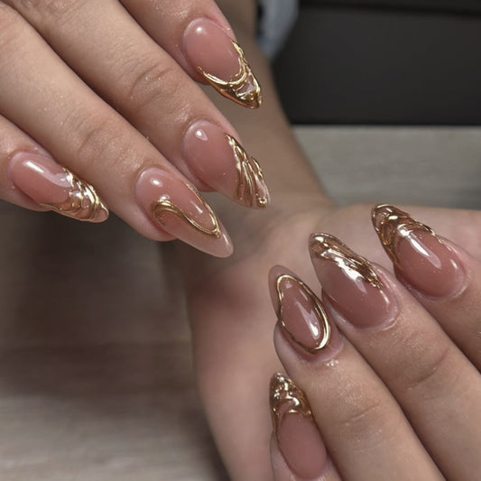 Glamorous Golden Swirl Medium Almond Pink Press On Nail Set with Stunning Metallic Accents