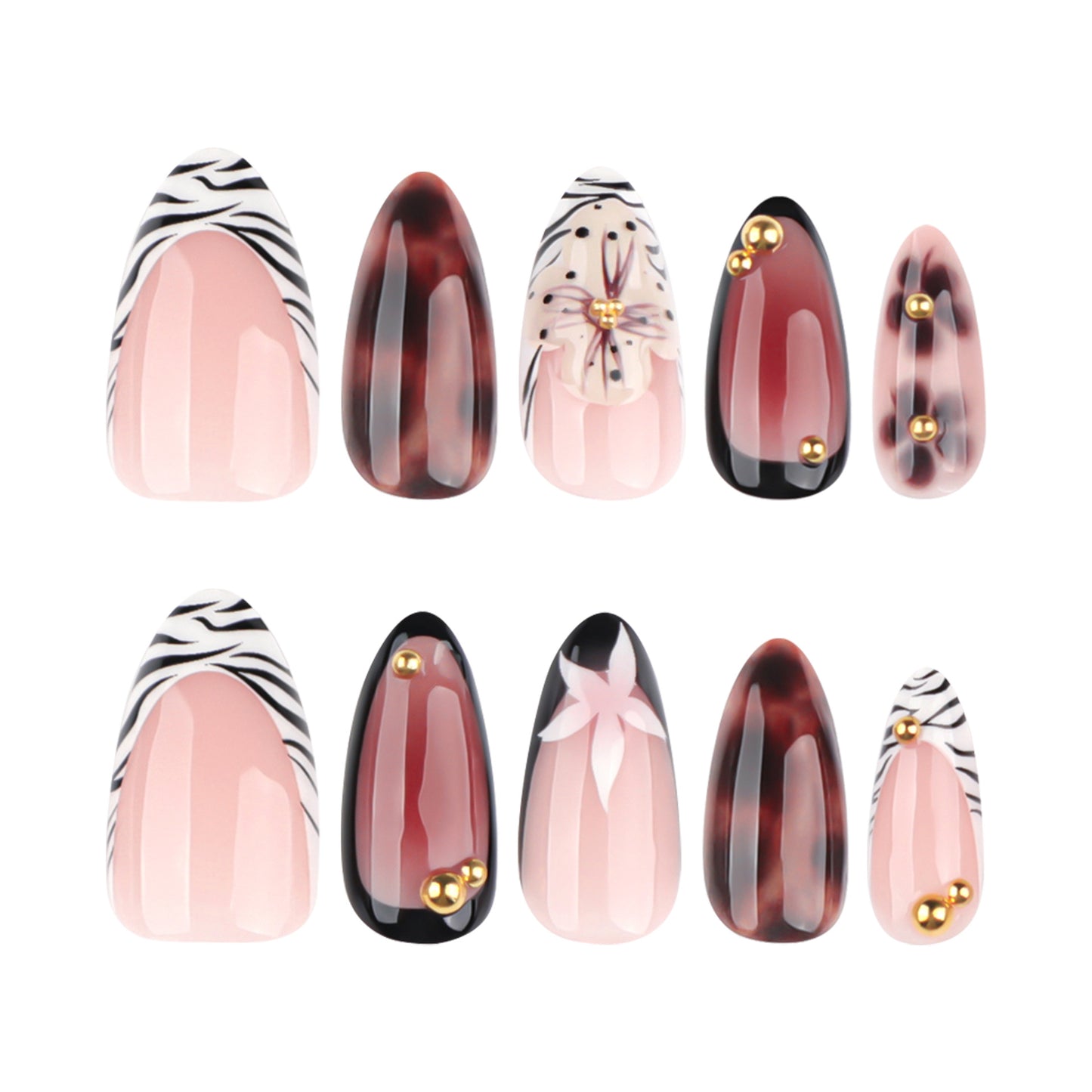 Chic Safari Inspired Medium Almond Pink and Brown Press On Nail Set with Elegantly Placed Gold Accents