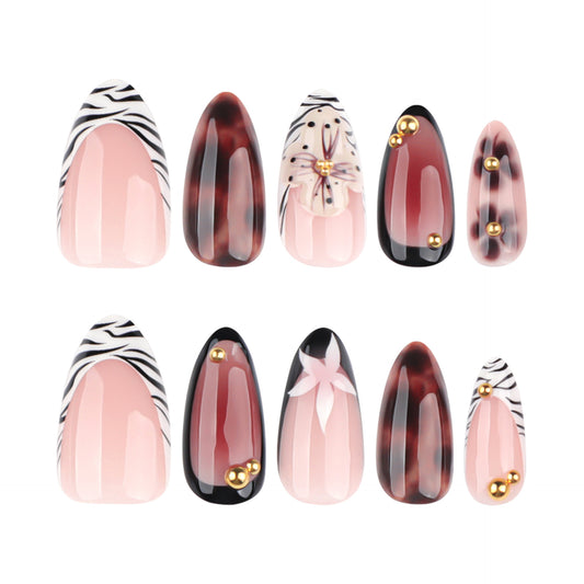 Chic Safari Inspired Medium Almond Pink and Brown Press On Nail Set with Elegantly Placed Gold Accents
