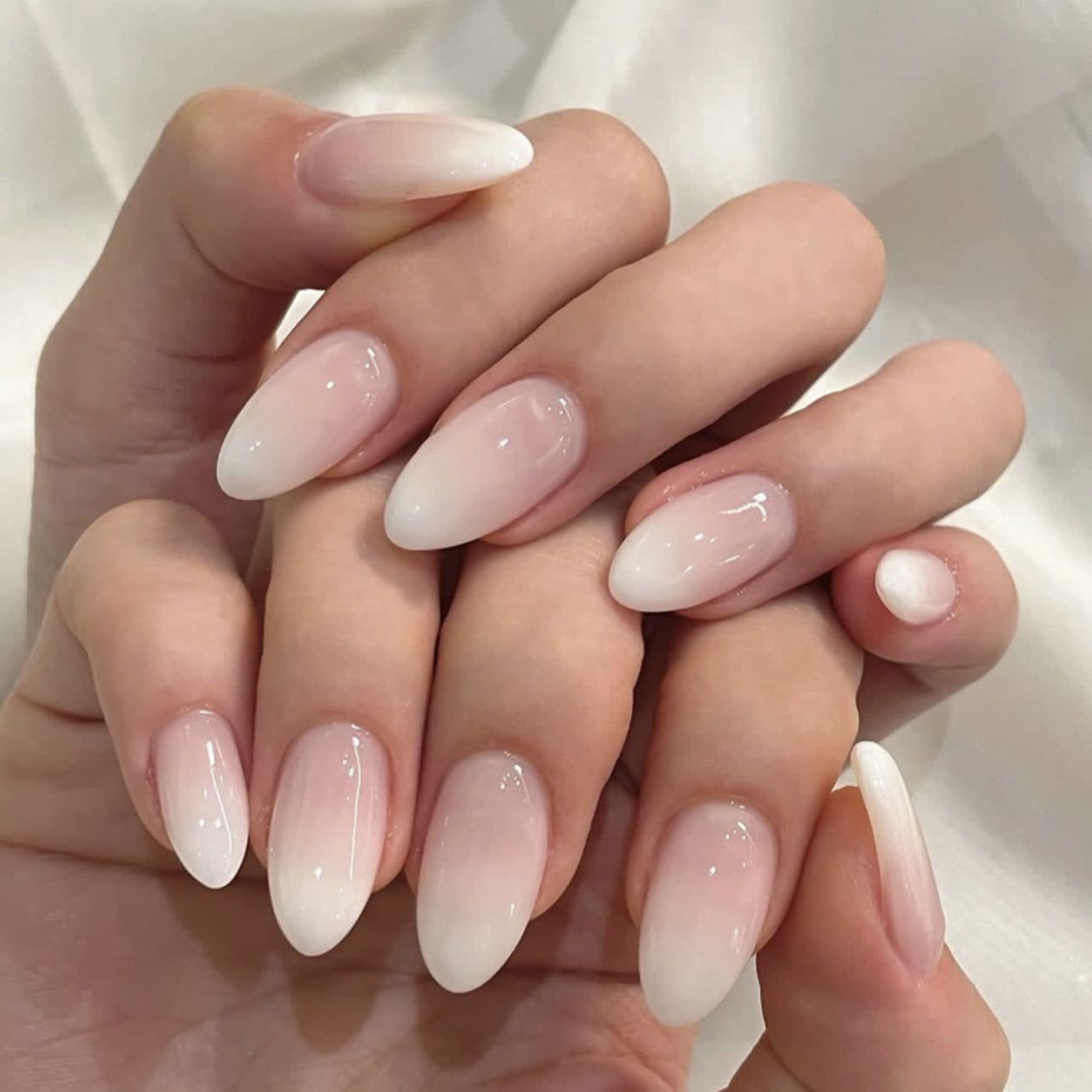 Enchanted Elegance Medium Almond White Gradient Glossy Press On Nail Set