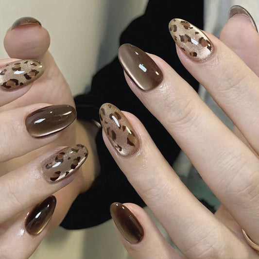 Savanna Chic Medium Almond Brown and Taupe with Leopard Accent Press on Nail Set