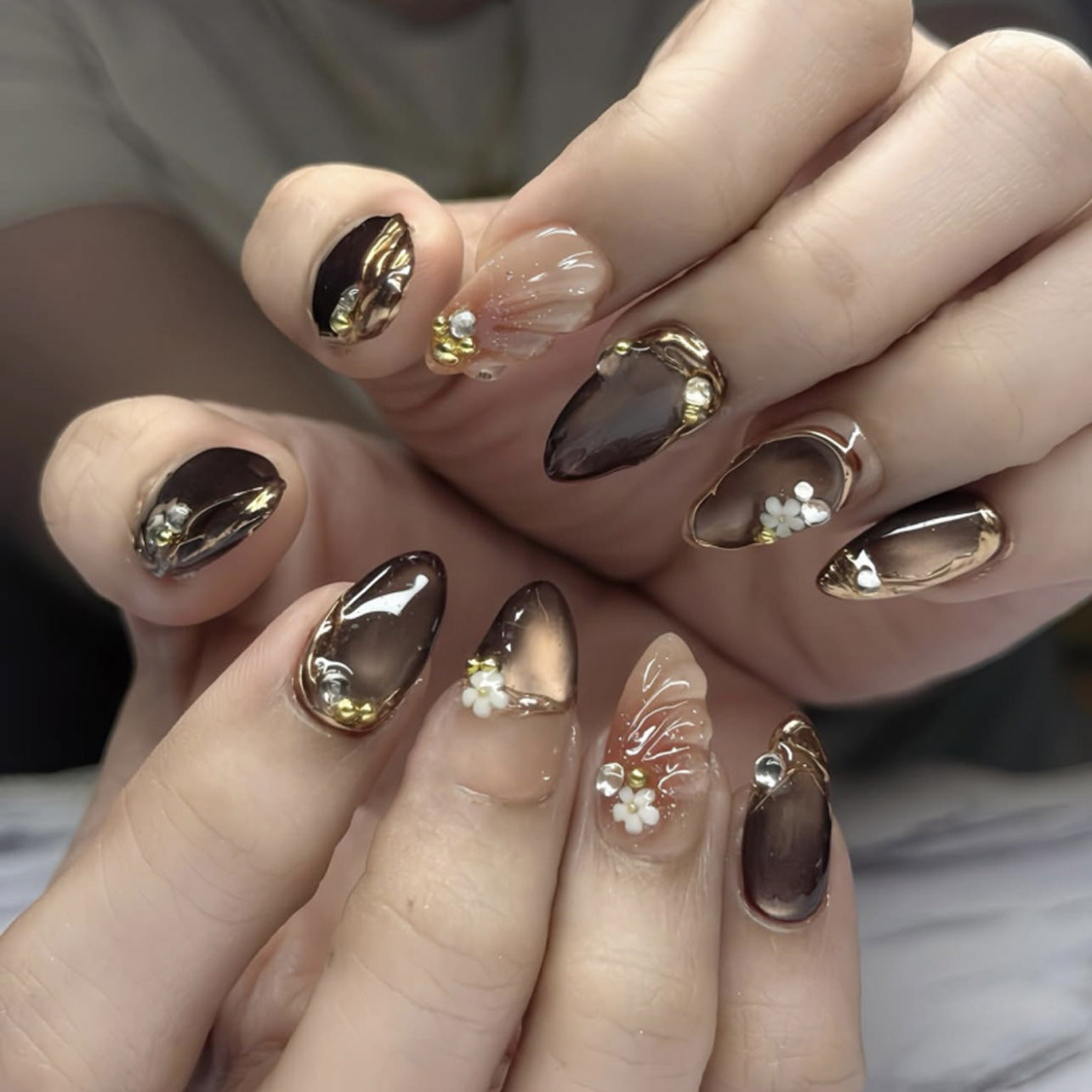 Elegant Floral Dream Press On Nail Set Short Almond Shape Brown and Transparent with Pearl and Flower Accents