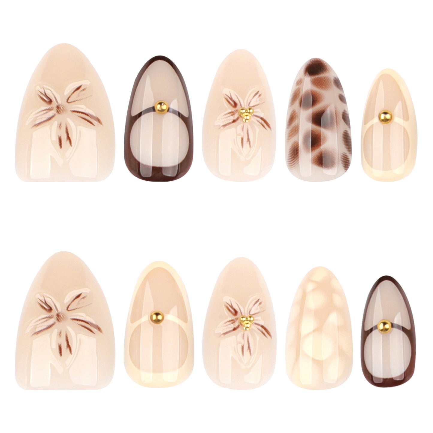 Botanical Elegance Medium Almond Shaped Beige Press On Nails with Unique Floral Design and Golden Accents