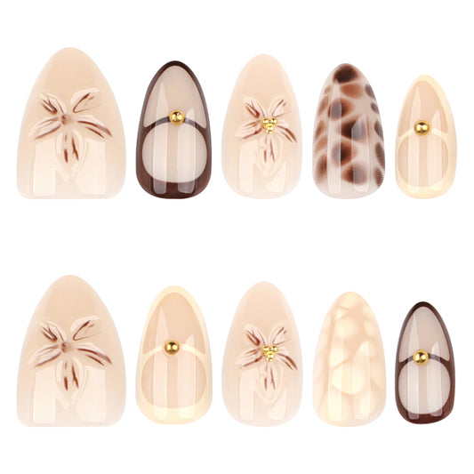 Botanical Elegance Medium Almond Shaped Beige Press On Nails with Unique Floral Design and Golden Accents