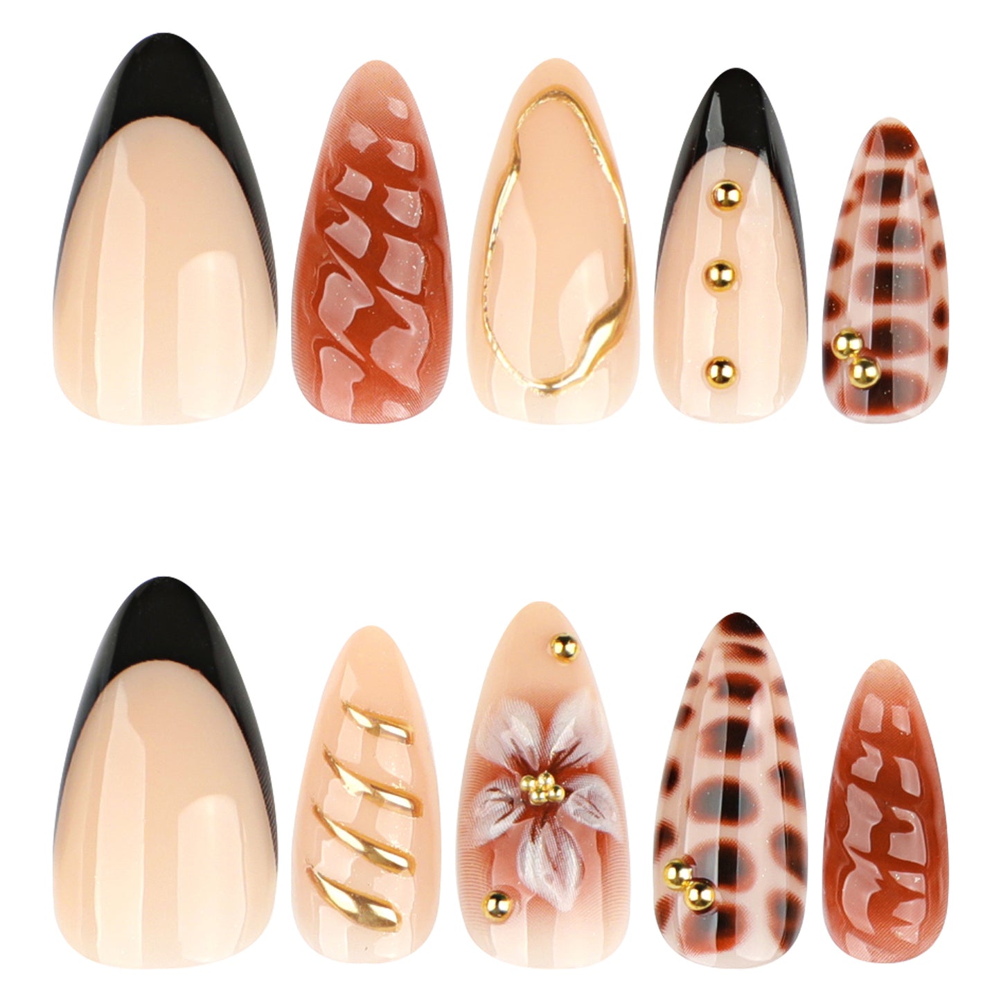 Elegant Safari Medium Almond Shaped Beige and Black Press on Nail Set with Unique Patterns and Gold Accents