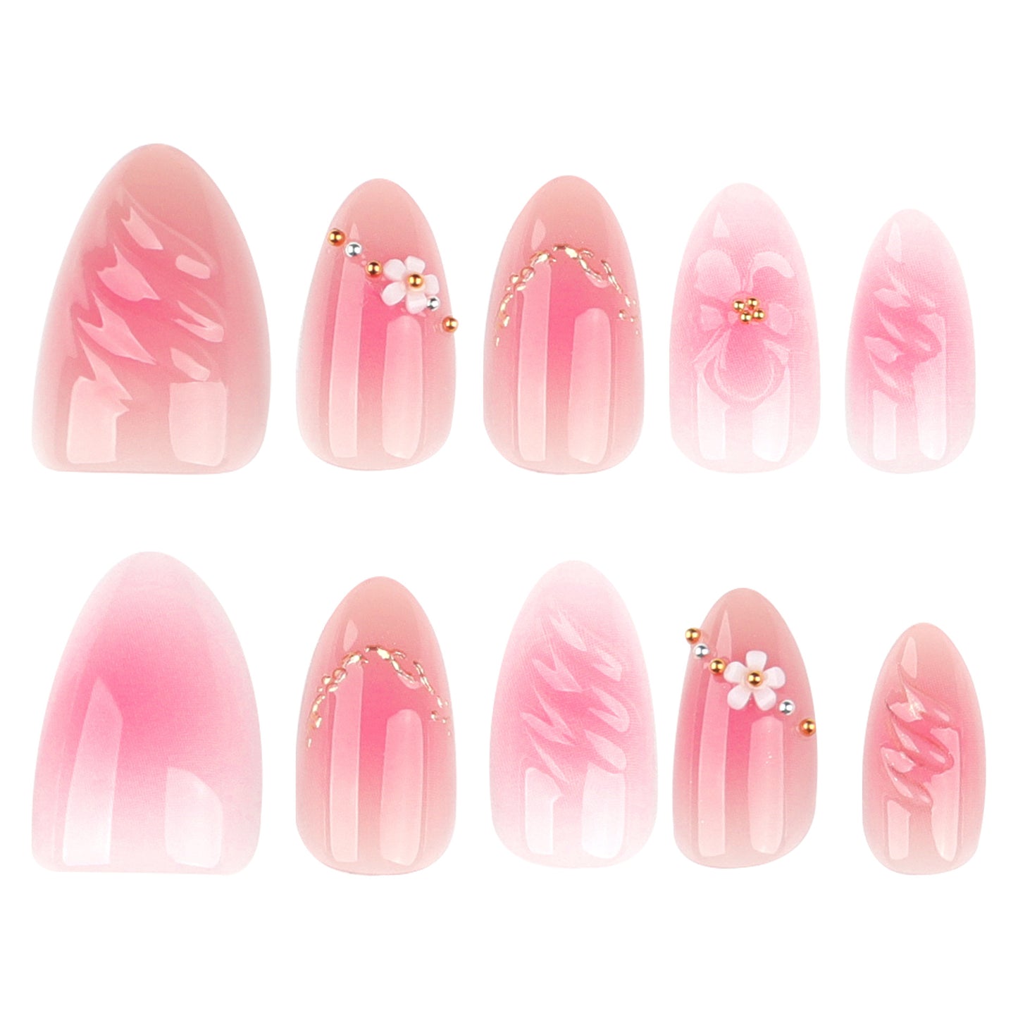 Blossom Elegance Medium Almond Pink Press On Nail Set with Floral Accents