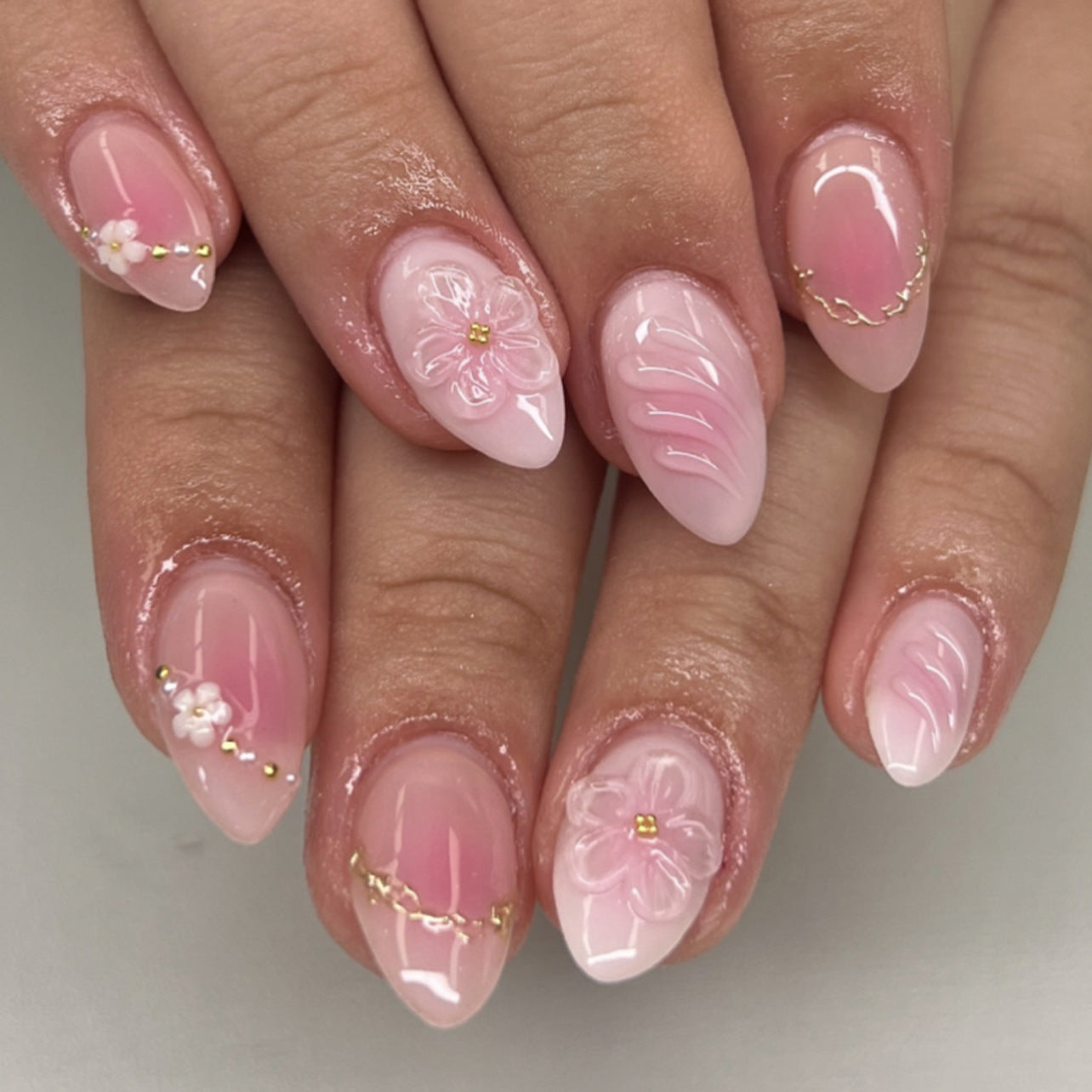 Blossom Fantasy Medium Almond Pink Floral Design Press On Nail Set