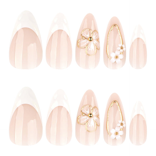 Blossoming Elegance Long Almond Pink with Floral Accents Press On Nail Set
