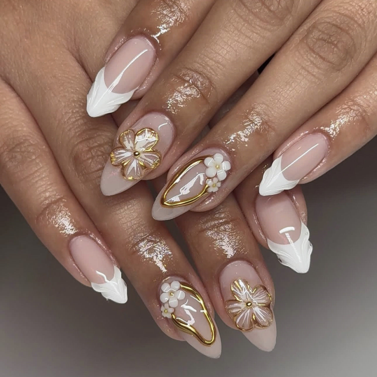 Blooming Elegance Long Almond Shape Beige and White Floral Press On Nail Set with Glamorous Gold Accents