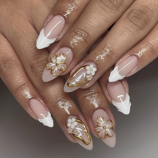 Blooming Elegance Long Almond Shape Beige and White Floral Press On Nail Set with Glamorous Gold Accents